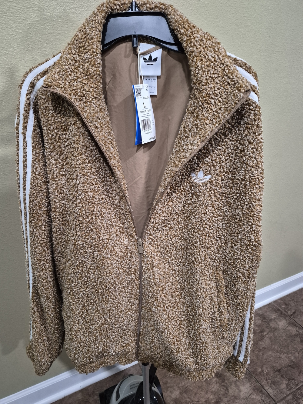 Adidas Men's Tan Sherpa Track Jacket with White Stripes Size L